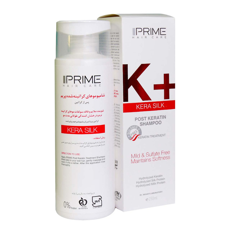 شامپو کراتینه مو پرایم مخصوص پوست سر و موهای انواع مو، حجم 250 میلیلیتر مدل K+ Kera Silk، حاوی کراتین، پروتئین هیدرولیز شده شیر، ابریشم و بدون سولفات، صافکننده و درخشانکننده