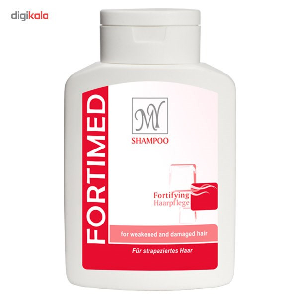 شامپو تقویتکننده مو مای مدل Fortimed حجم 200 میلیلیتر، مناسب موهای آسیب دیده، نرمکننده و تقویتکننده، حاوی پروتئین هیدرولیز شده ابریشم و کافئین، افزایش رشد و درخشندگی مو، مخصوص خانمها