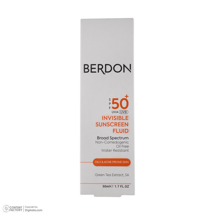فلوئید ضد آفتاب بدون رنگ صورت بردون spf50 مدل Broad Spectrum محافظ UVA،UVB مناسب پوستهای چرب و آکنهدار حجم 50 میلی لیتر