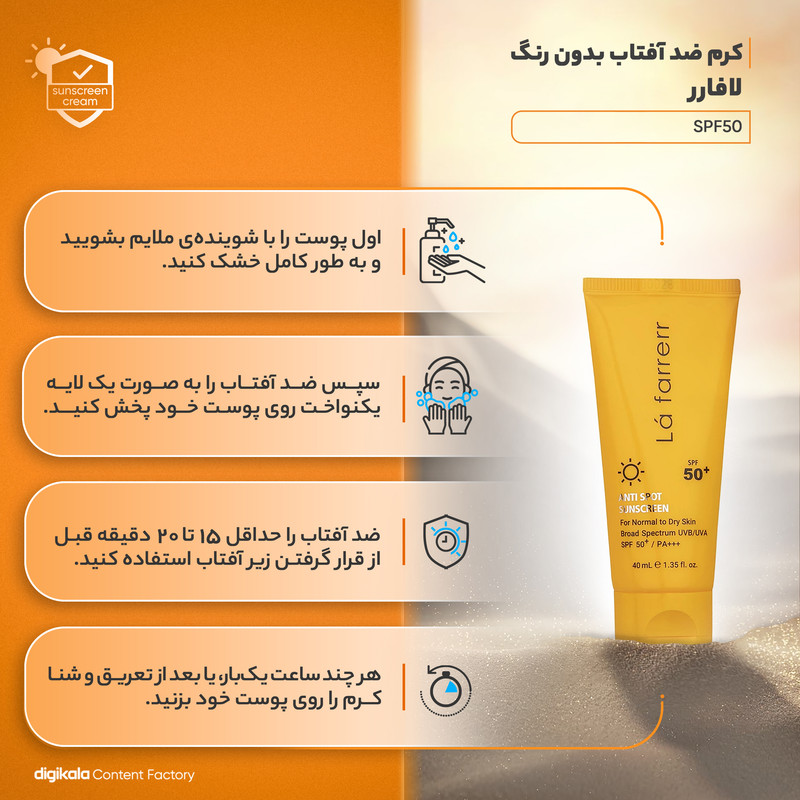 کرم ضدآفتاب و ضدلک بیرنگ لافارر مدل SPF50، مناسب پوستهای خشک و معمولی، حجم 40 میلیلیتر