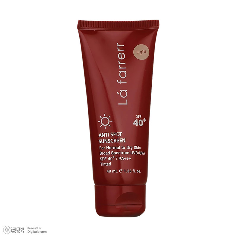 کرم ضدآفتاب و ضدلک رنگی لافارر مدل SPF40-Light، مناسب پوستهای خشک و معمولی، حجم 40 میلیلیتر