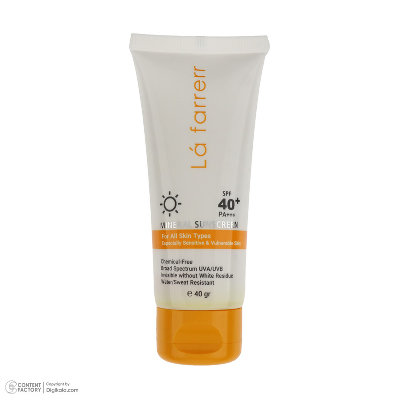 کرم ضد آفتاب بدون رنگ لافارر SPF 40 مدل مینرال حاوی محافظ UVA و UVB و PA+++مناسب پوستهای حساس حجم 40 میلیلیتر