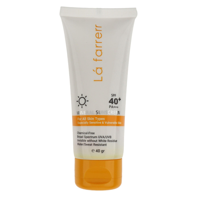 کرم ضد آفتاب بدون رنگ لافارر SPF 40 مدل مینرال ‌حاوی محافظ UVA و UVB و PA+++مناسب پوست‌های حساس حجم 40 میلی‌لیتر