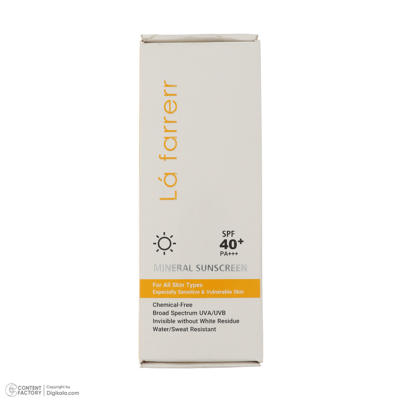 کرم ضد آفتاب بدون رنگ لافارر SPF 40 مدل مینرال حاوی محافظ UVA و UVB و PA+++مناسب پوستهای حساس حجم 40 میلیلیتر
