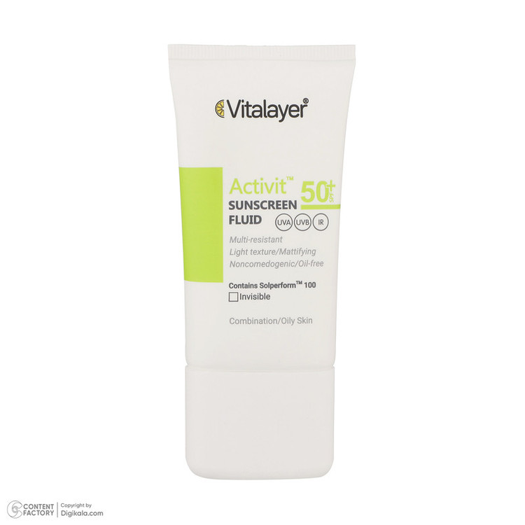 فلوئید ضدآفتاب بیرنگ ویتالیر SPF50 مدل Activit، مناسب پوستهای مختلط و چرب، حجم 50 میلیلیتر