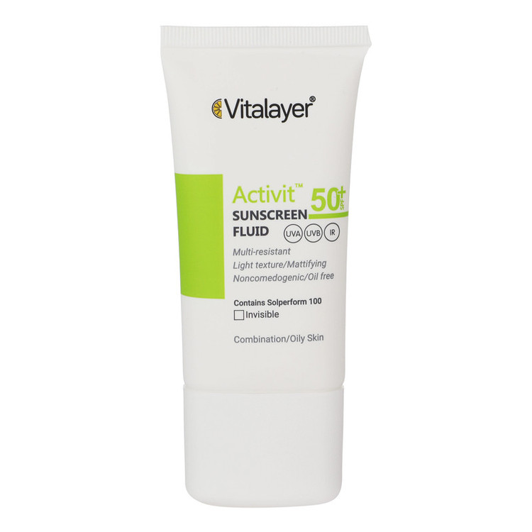 فلوئید ضدآفتاب بیرنگ ویتالیر SPF50 مدل Activit، مناسب پوستهای مختلط و چرب، حجم 50 میلیلیتر