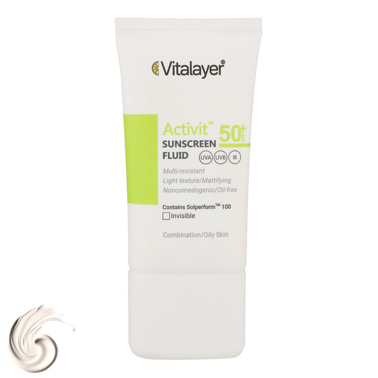 فلوئید ضدآفتاب بیرنگ ویتالیر SPF50 مدل Activit، مناسب پوستهای مختلط و چرب، حجم 50 میلیلیتر