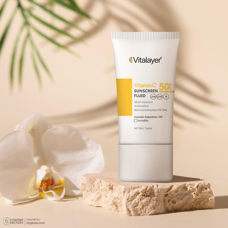 فلوئید ضدآفتاب بیرنگ ویتالیر SPF50 مدل Vitamin C مناسب انواع پوست، حجم 50 میلیلیتر