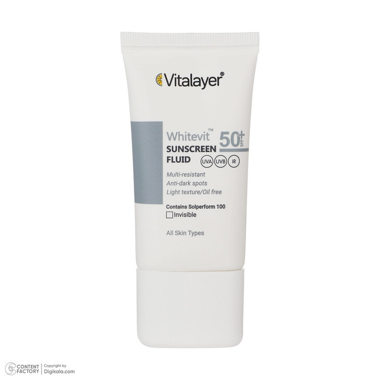 فلوئید ضدآفتاب بیرنگ ویتالیر SPF50 مدل Whitevit مناسب انواع پوست، حجم 50 میلیلیتر