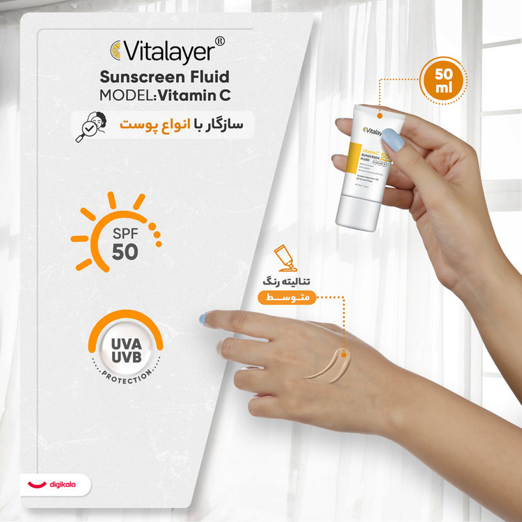 کرم ضد آفتاب رنگی ویتالیر، SPF 50، مدل ویتامین سی، مناسب انواع پوست با تنالیته متوسط و حجم 50 میلیلیتر، ضد آب، مرطوبکننده، غیر کومدونزا، محافظتکننده در برابر اشعههای UVA و UVB، ویتامین C و آنتی اکسیدان، با ماندگاری 2 ساعته
