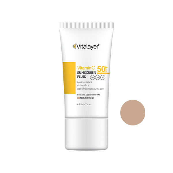 کرم ضد آفتاب رنگی ویتالیر، SPF 50، مدل ویتامین سی، مناسب انواع پوست با تنالیته متوسط و حجم 50 میلیلیتر، ضد آب، مرطوبکننده، غیر کومدونزا، محافظتکننده در برابر اشعههای UVA و UVB، ویتامین C و آنتی اکسیدان، با ماندگاری 2 ساعته