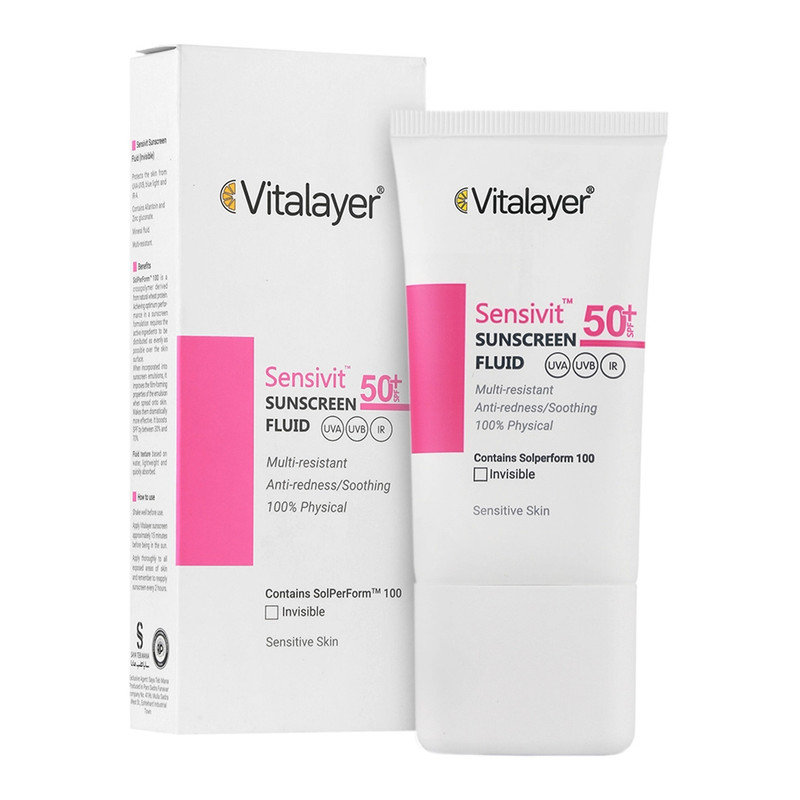 فلوئید ضد آفتاب بیرنگ ویتالیر، spf 50، مدل 0128، مناسب پوست های حساس با حجم 50 میلیلیتر، ضد حساسیت، محافظتکننده در برابر اشعههای UVA و UVB، دارای فرمولاسیون دی اکسید تیتانیوم و اکسید روی، با ماندگاری 2 ساعته