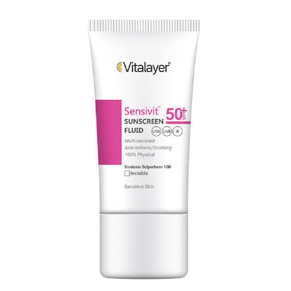فلوئید ضد آفتاب بیرنگ ویتالیر، spf 50، مدل 0128، مناسب پوست های حساس با حجم 50 میلیلیتر، ضد حساسیت، محافظتکننده در برابر اشعههای UVA و UVB، دارای فرمولاسیون دی اکسید تیتانیوم و اکسید روی، با ماندگاری 2 ساعته