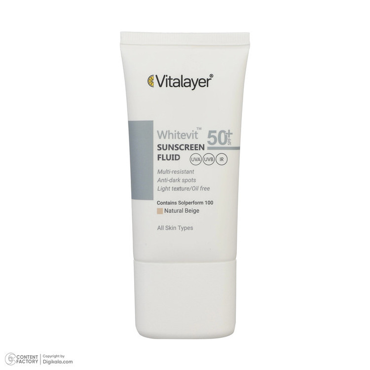 فلوئید ضدآفتاب رنگی ویتالیر SPF 50 مدل Whitevit مناسب انواع پوست حجم 50 میلی لیتر