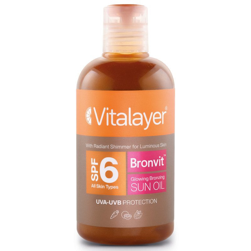 روغن آفتاب اکلیلی صورت و بدن ویتالیر مدل bronvit glowing bronzing حجم 250 میلیلیتر، محافظت همزمان در برابر UVA/UVB با SPF 6 و حاوی ویتامین A، غیر کمدونزا و مناسب انواع پوست