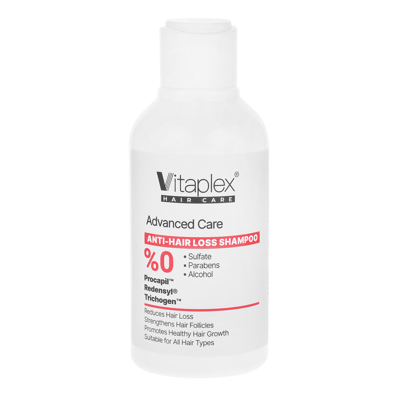 شامپو تقویتکننده و ضد ریزش مو ویتاپلکس مدل Advanced Care مناسب موهای کمحجم و نازک حجم 250 میلیلیتر، فاقد سولفات، پارابن و الکل، با فرمولاسیون پیشرفته و ترکیبات مؤثر برای افزایش استحکام و رشد مو