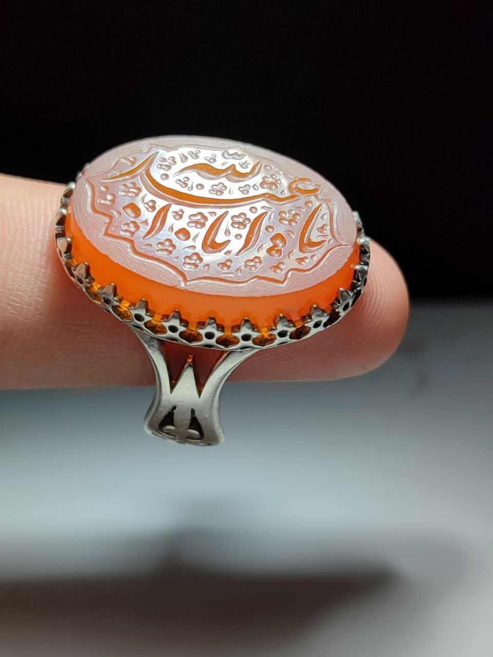 انگشتر عقیق یمن رکاب آلیاژی باکیفیت حکاکی یا اباعبدالله  کد 3843
