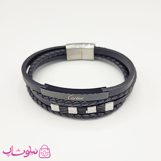 دستبند مردانه چرمی کارتیه مشکی نقره ای کیفیت مستر کد 1150