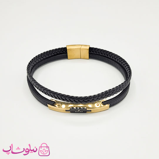 دستبند مردانه رولکس چرم و استیل مشکی طلایی کیفیت مستر کد 1150