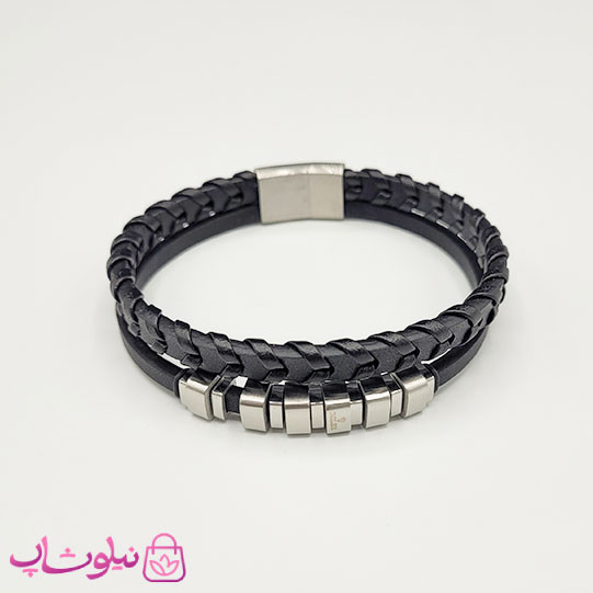 دستبند مردانه چرم استیل مدل رولکس مشکی نقره ای کیفیت مستر کد 1150