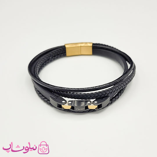 دستبند مردانه چرم استیل مدل کارتیه چندلاین مشکی طلایی کیفیت مستر کد 1150