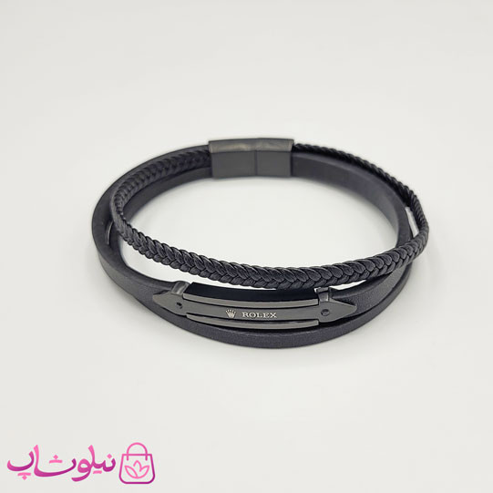 دستبند مردانه چرم استیل مدل رولکس رنگ مشکی کیفیت مستر کد 1150