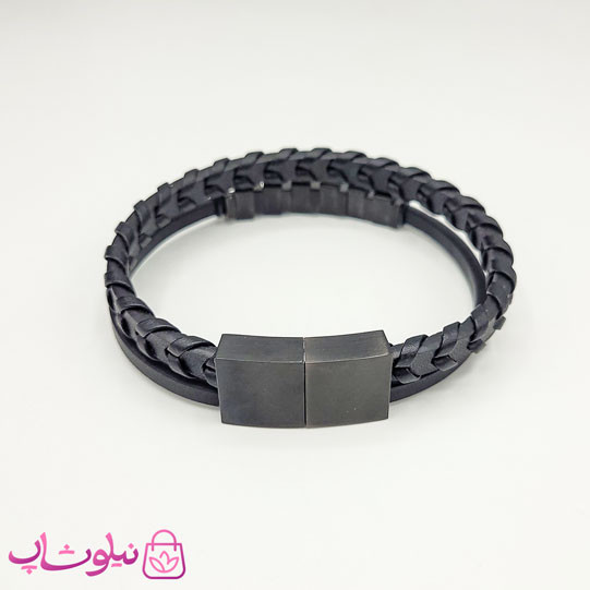 دستبند مردانه چرم استیل رولکس مشکی دولاین کیفیت مستر کد 1150
