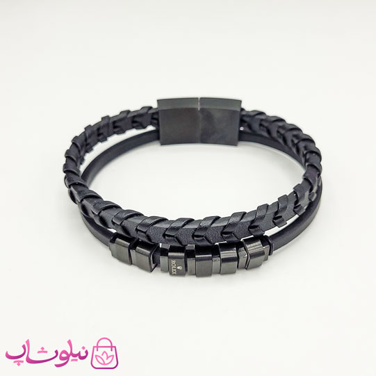 دستبند مردانه چرم استیل رولکس مشکی دولاین کیفیت مستر کد 1150
