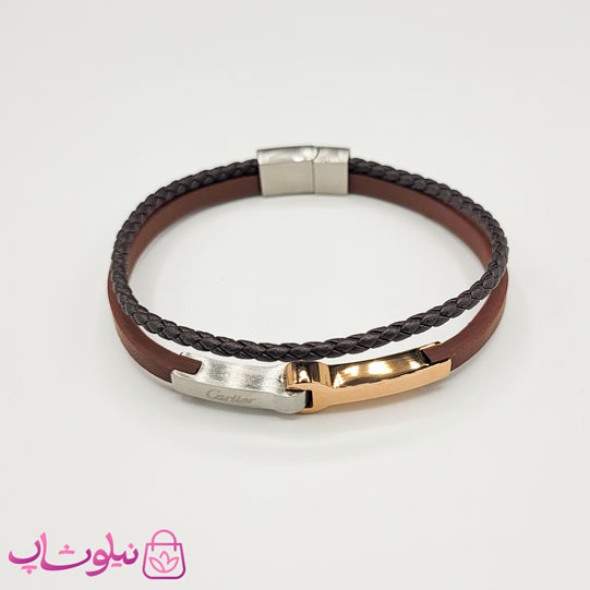 دستبند مردانه چرم استیل مدل کارتیه قهوه ای کیفیت مستر کد 1150