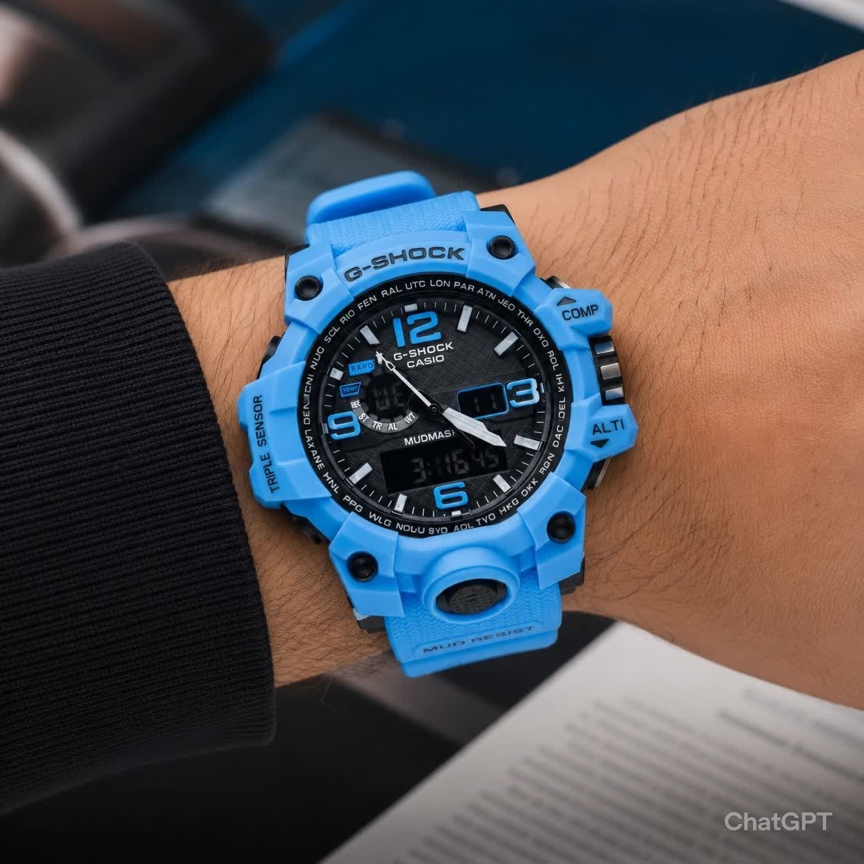 ساعت مچی مردانه عقربه ای و دیجیتال کاسیو جیشاک CASIO G-SHOOK مدل7 آبی کمرنگ