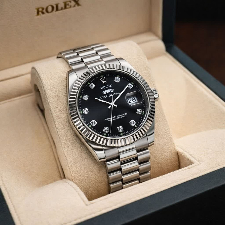 ساعت مچی زنانه رولکس ROLEX دو تقویمه نقره ای مشکی