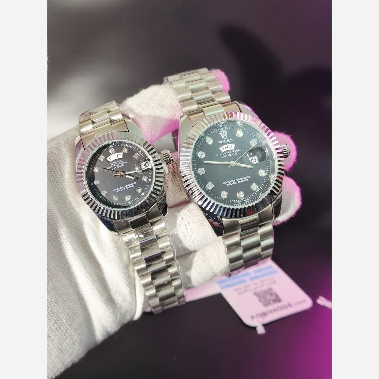 ساعت مچی زنانه رولکس ROLEX دو تقویمه نقره ای مشکی