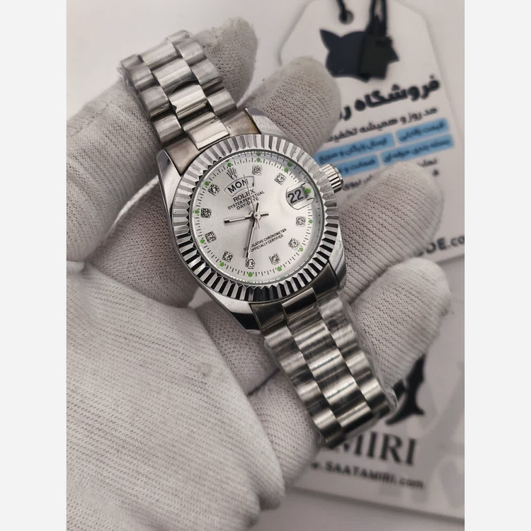 ساعت مچی زنانه رولکس ROLEX دو تقویمه نقره ای سفید