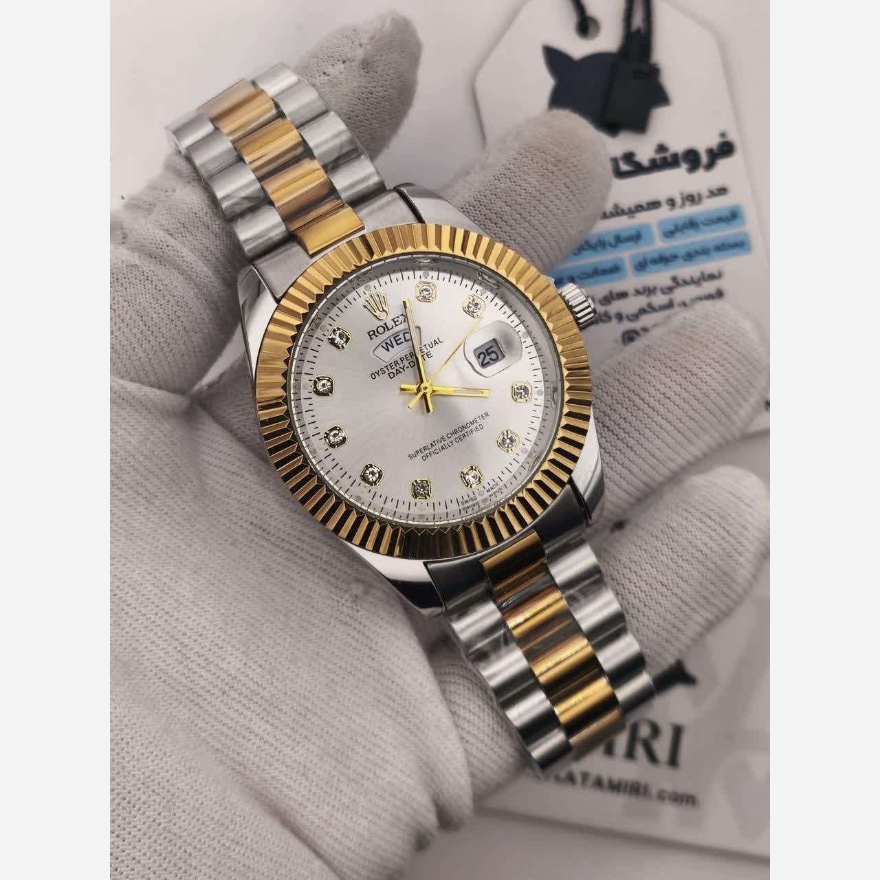 ساعت مچی مردانه رولکس ROLEX دو تقویمه رگه طلایی سفید