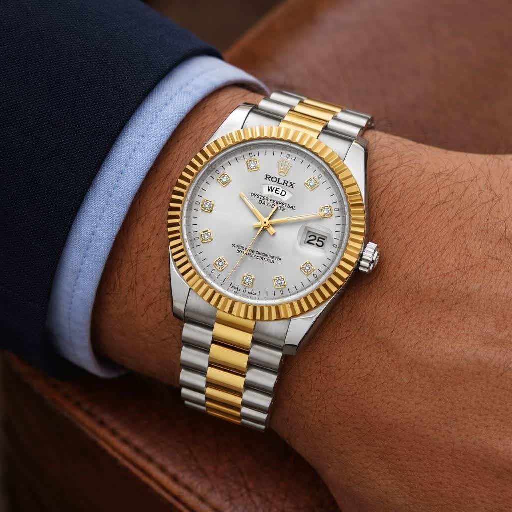 ساعت مچی مردانه رولکس ROLEX دو تقویمه رگه طلایی سفید