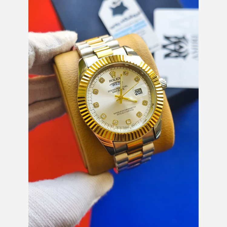 ساعت مچی مردانه رولکس ROLEX دو تقویمه رگه طلایی سفید