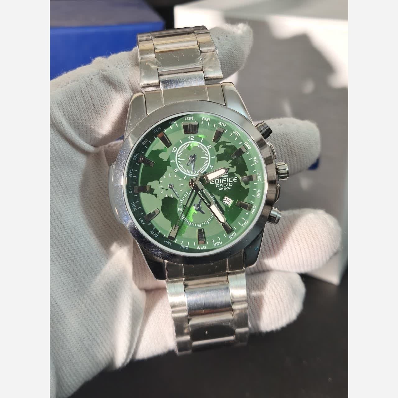 ساعت مچی مردانه کاسیو CASIO EDIFICE موتور ژاپن صفحه سبز دور نقره ای