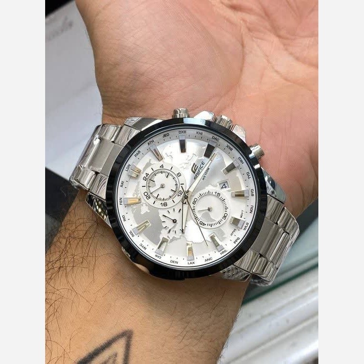 ساعت مچی مردانه کاسیو CASIO EDIFICE موتور ژاپن صفحه سفید دور مشکی
