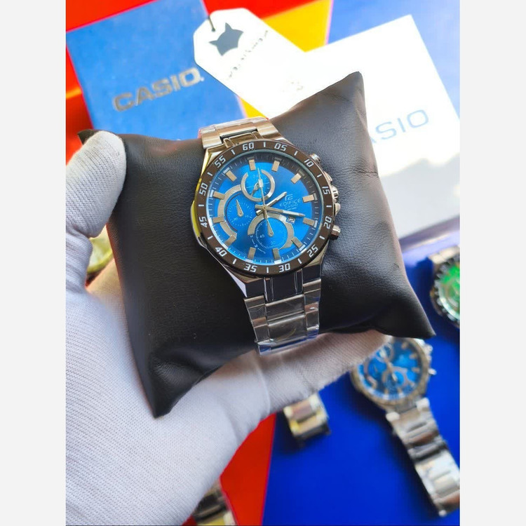 ساعت مچی مردانه کاسیو CASIO EDIFICE موتور ژاپنی صفحه آبی دور مشکی