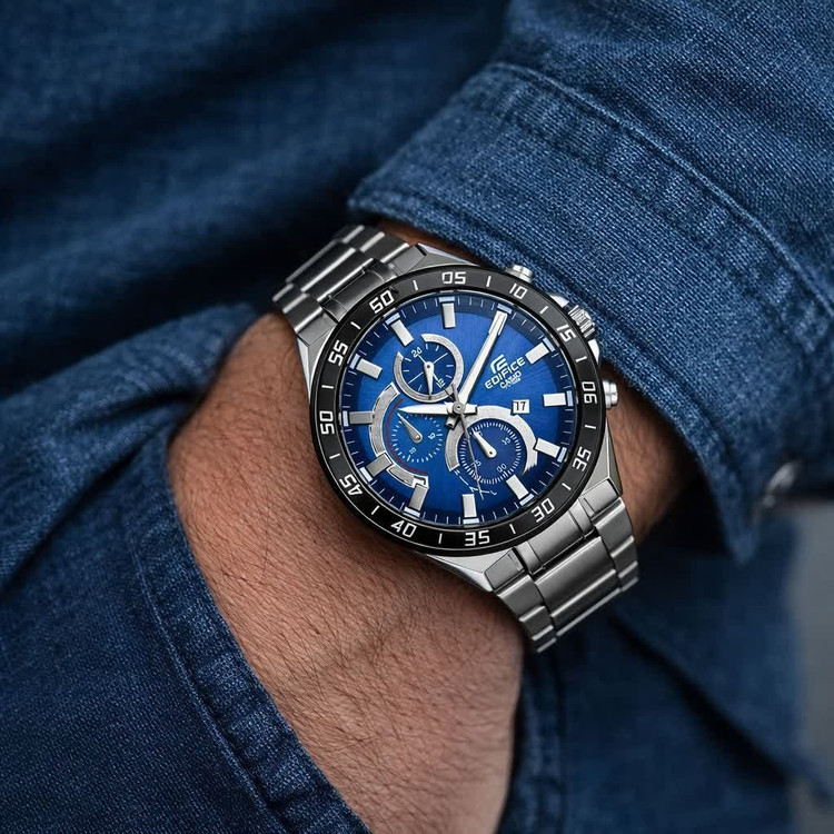 ساعت مچی مردانه کاسیو CASIO EDIFICE موتور ژاپنی صفحه آبی دور مشکی