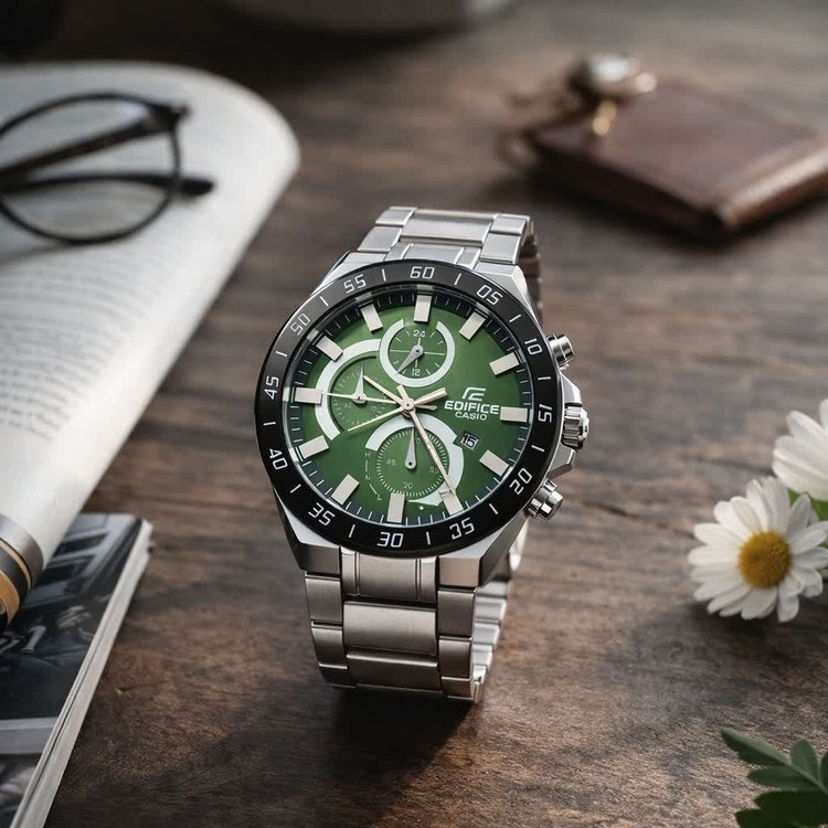 ساعت مچی مردانه کاسیو CASIO EDIFICE موتور ژاپنی صفحه سبز دور مشکی