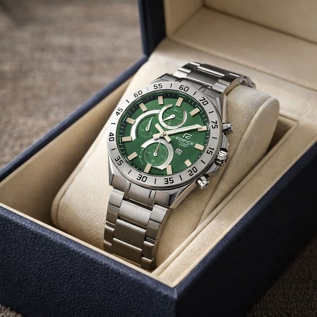 ساعت مچی مردانه کاسیو CASIO EDIFICE موتور ژاپنی صفحه سبز دور سفید