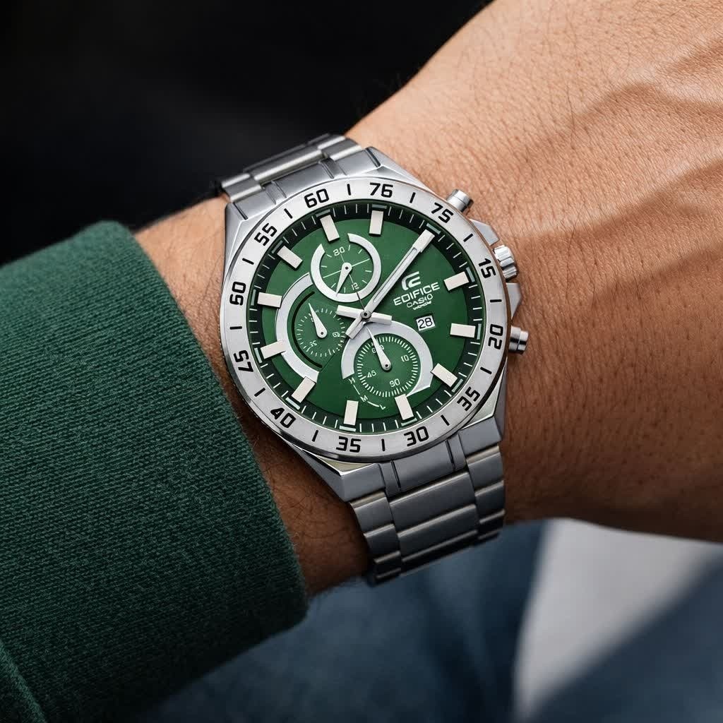 ساعت مچی مردانه کاسیو CASIO EDIFICE موتور ژاپنی صفحه سبز دور سفید