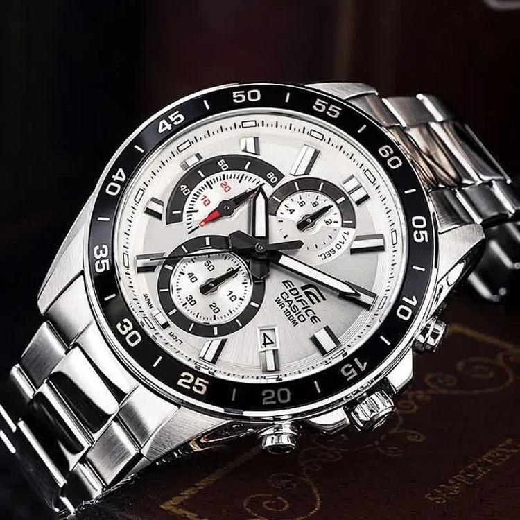 ساعت مچی مردانه کاسیو CASIO EDIFICE موتور ژاپنی صفحه سفید دور مشکی