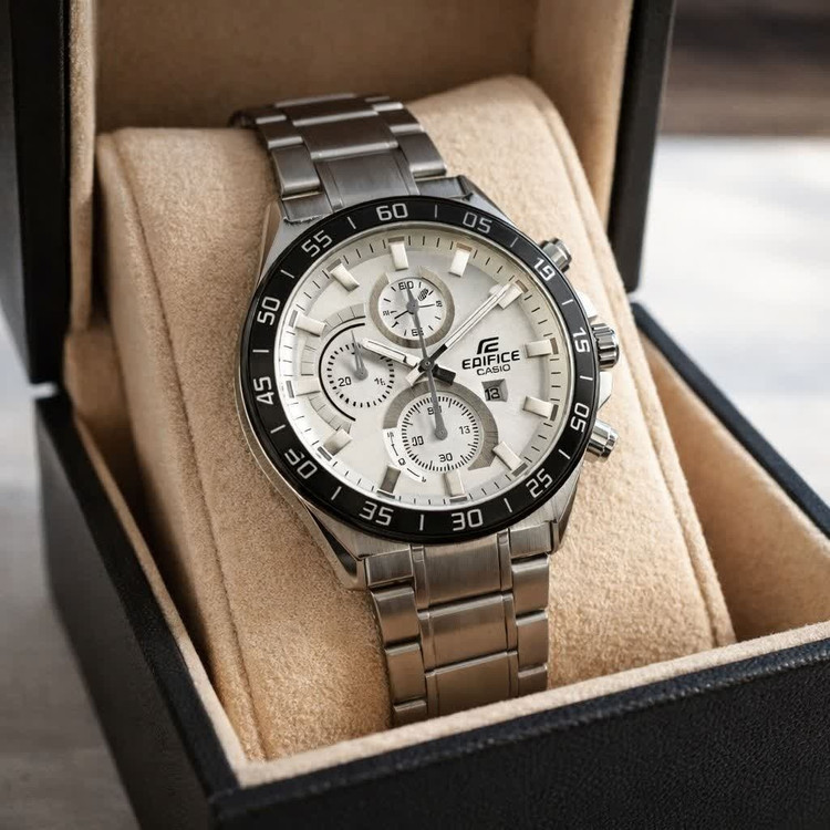 ساعت مچی مردانه کاسیو CASIO EDIFICE موتور ژاپنی صفحه سفید دور مشکی