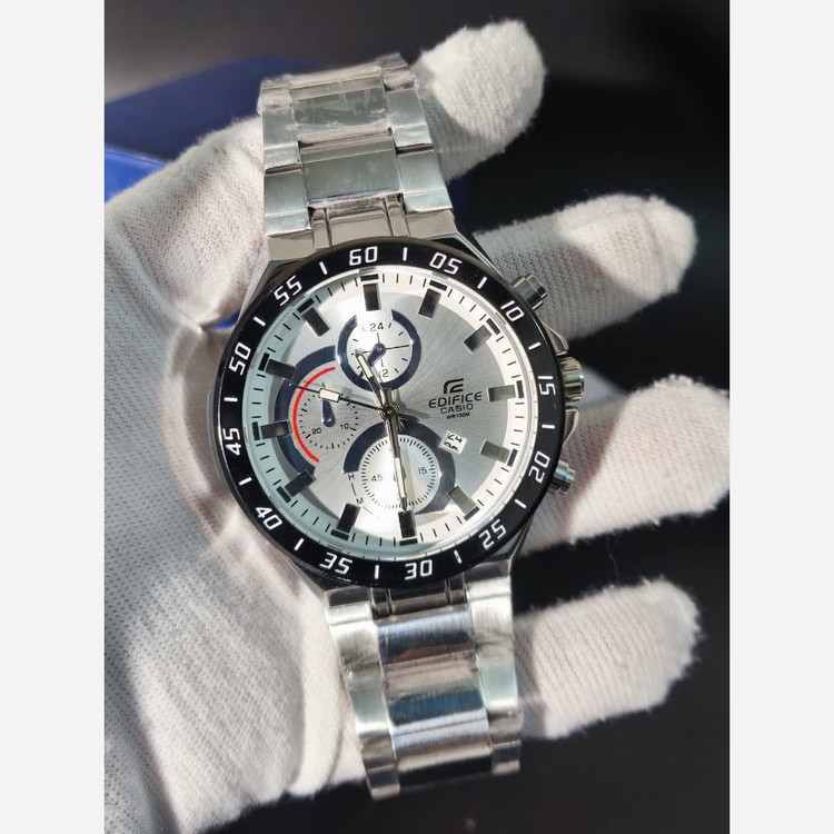 ساعت مچی مردانه کاسیو CASIO EDIFICE موتور ژاپنی صفحه سفید دور مشکی
