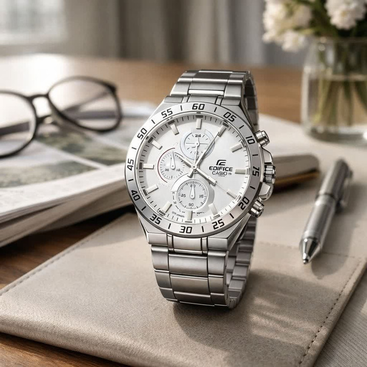 ساعت مچی مردانه کاسیو CASIO EDIFICE موتور ژاپنی صفحه سفید دور سفید