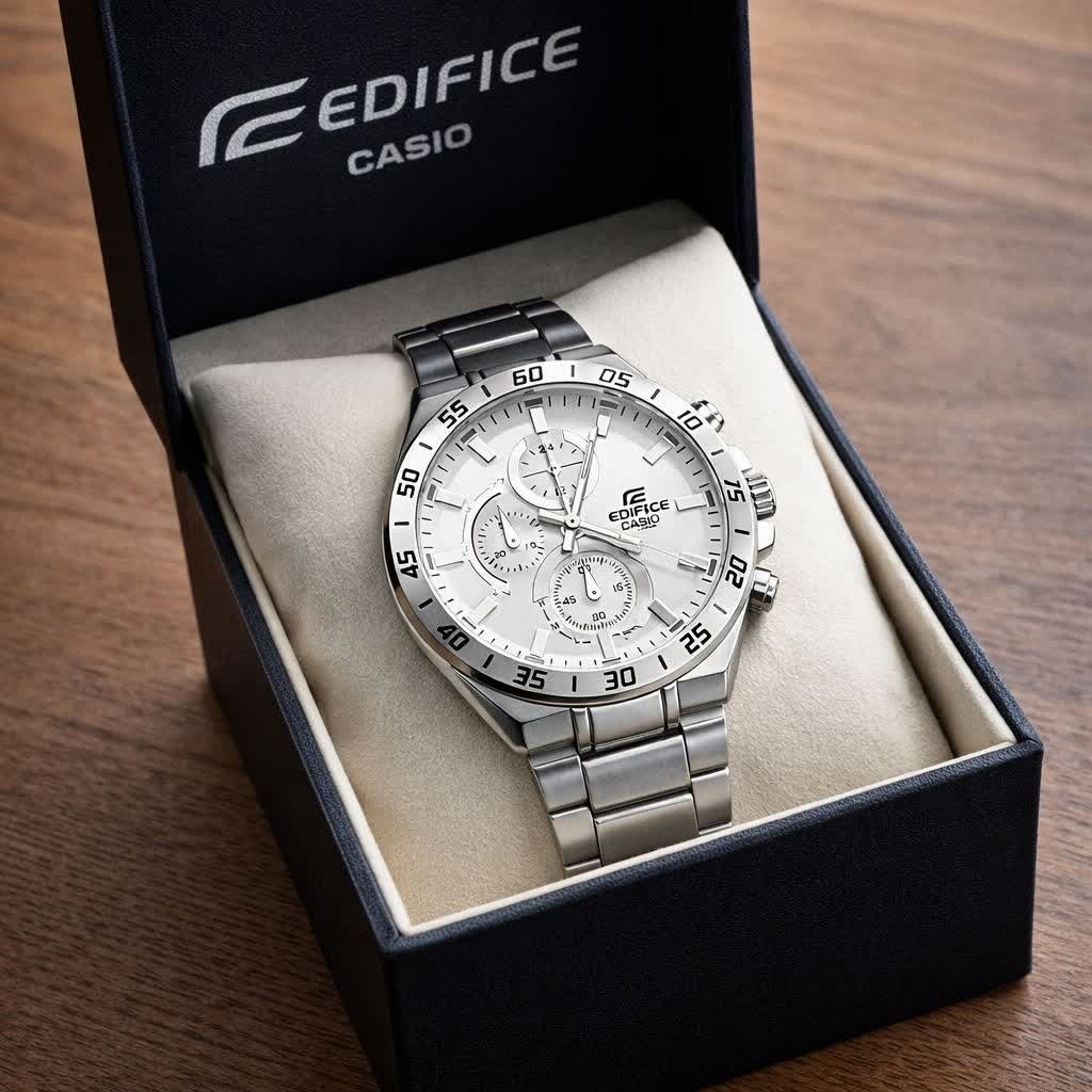 ساعت مچی مردانه کاسیو CASIO EDIFICE موتور ژاپنی صفحه سفید دور سفید