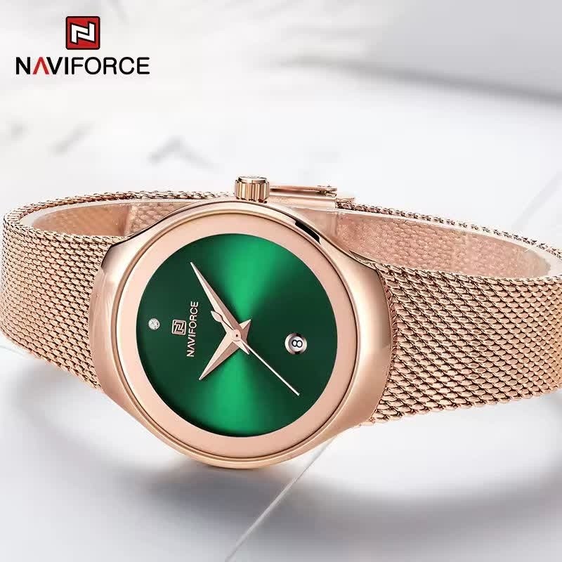 ساعت مچی عقربه ای زنانه نیوی فورس NAVIFORCE مدل Nf5004 موتور ژاپن صفحه سبز