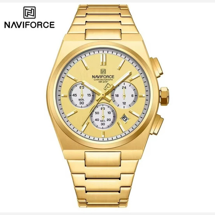 ساعت مچی کرنوگراف مردانه نیوی فورس NAVIFORCE مدل Nf8048 موتور ژاپن طلایی